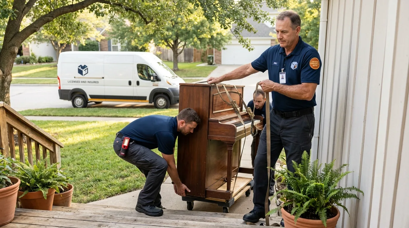 Licensed piano movers securing grand piano in Marceline, MO