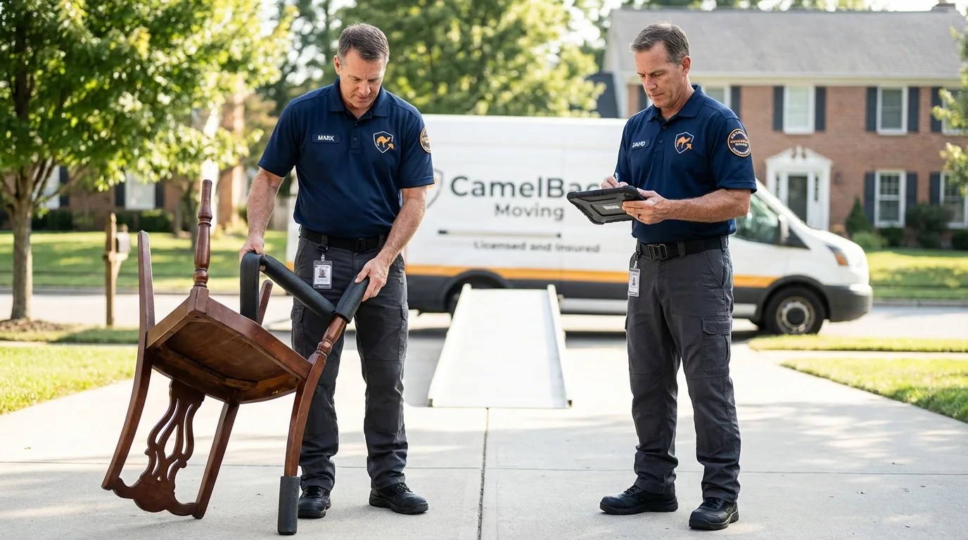 Movers inspecting furniture for damage prevention before loading in Marceline, MO